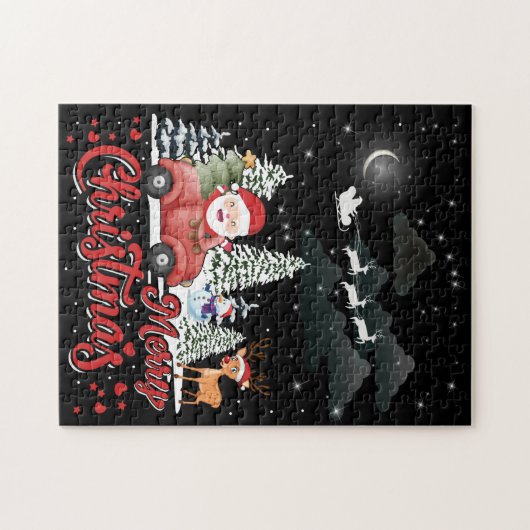 メリークリスマスヴィンテージ赤サンタートラックギフト ジグソーパズル (横)