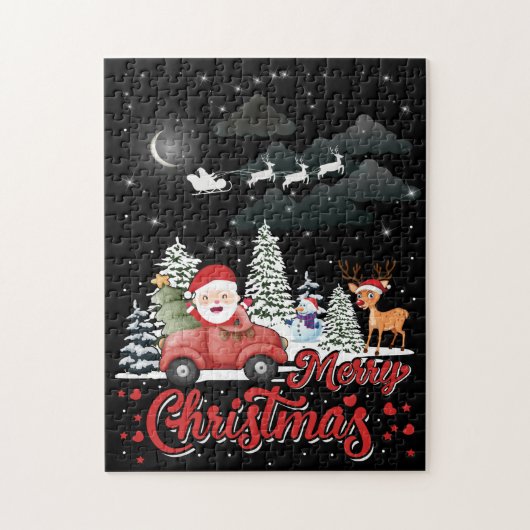 メリークリスマスヴィンテージ赤サンタートラックギフト ジグソーパズル (縦)