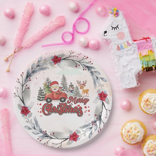 メリークリスマスヴィンテージ赤サンタートラックギフト ペーパープレート (パーティー)