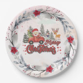 メリークリスマスヴィンテージ赤サンタートラックギフト ペーパープレート (正面)