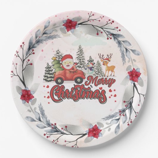 メリークリスマスヴィンテージ赤サンタートラックギフト ペーパープレート (正面)