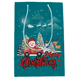 メリークリスマスヴィンテージ赤サンタートラックギフト ミディアムペーパーバッグ