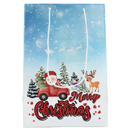 メリークリスマスヴィンテージ赤サンタートラックギフト ミディアムペーパーバッグ