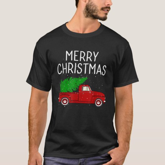 メリークリスマスヴィンテージ赤トラックとツリー家族 Tシャツ (正面)