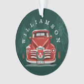 メリークリスマスヴィンテージ赤トラック家族写真 オーナメント (正面)