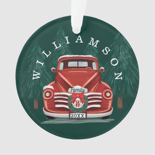 メリークリスマスヴィンテージ赤トラック家族写真 オーナメント (正面)