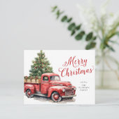 メリークリスマスヴィンテージ赤トラック水色 シーズンポストカード (スタンド正面)