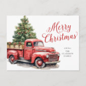 メリークリスマスヴィンテージ赤トラック水色 シーズンポストカード (正面)