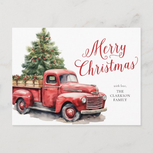 メリークリスマスヴィンテージ赤トラック水色 シーズンポストカード (正面)