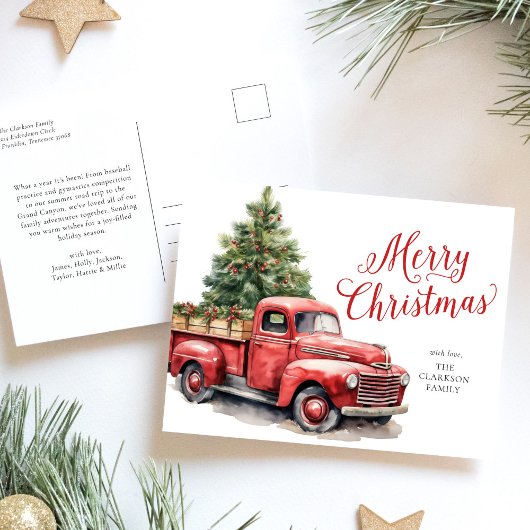 メリークリスマスヴィンテージ赤トラック水色 シーズンポストカード