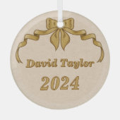 メリークリスマスヴィンテージ金ゴールドボウ ガラスオーナメント (正面)