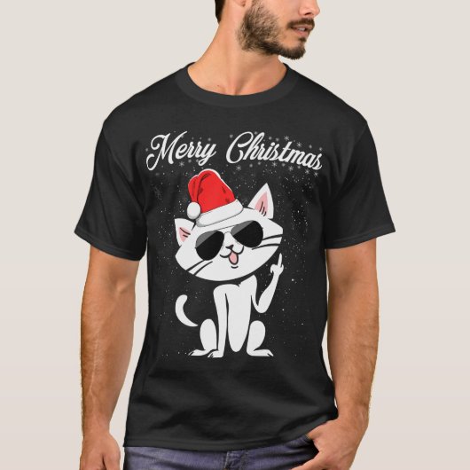 メリークリスマス中指の失礼なクリスマスネコ醜い Tシャツ (正面)