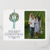 メリークリスマス伝統的ヴィンテージリースリボン 箔シーズンカード (正面)