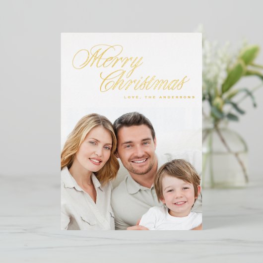 メリークリスマス伝統的実在金ゴールド写真 箔シーズンカード (立ち正面)