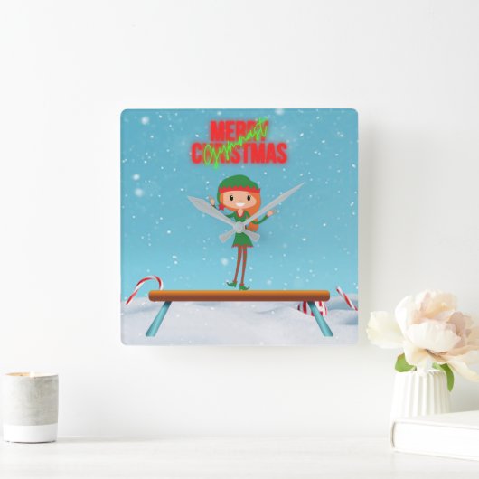 メリークリスマス体操小妖精や小人 スクエア壁時計 (ホーム)