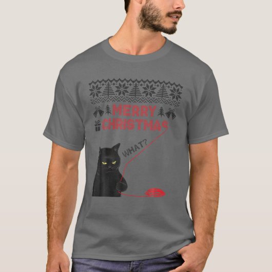 メリークリスマス何?黒猫がクリスマス・アグを盗む Tシャツ (正面)