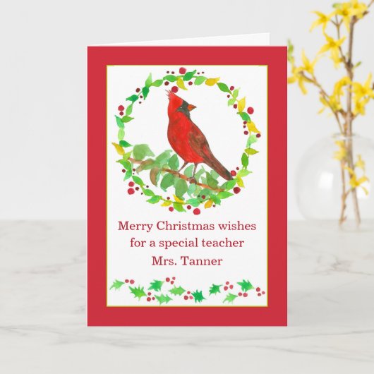メリークリスマス先生レッド(鳥)ショウジョウコウカンチョウバードカスタム カード (黄色い花)