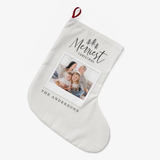 メリークリスマス写真の素朴な家族の休日 ラージクリスマスストッキング (正面 (吊り時))