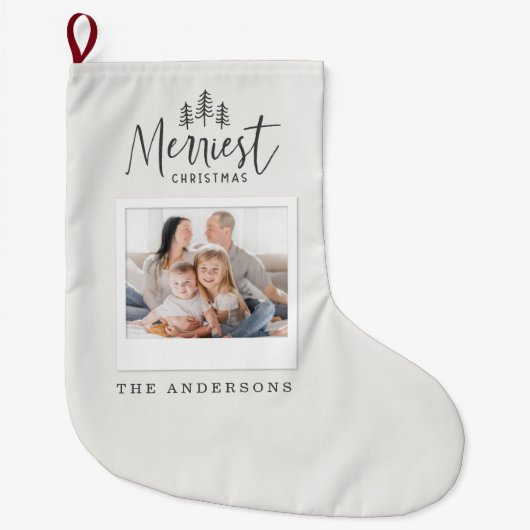 メリークリスマス写真の素朴な家族の休日 ラージクリスマスストッキング (正面)