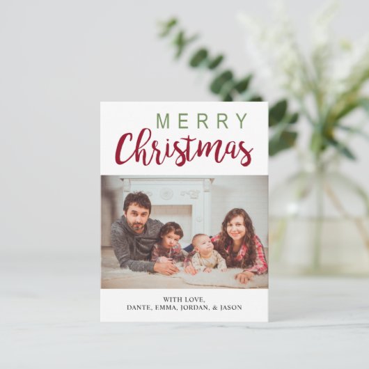 メリークリスマス写真はがき赤エレガント緑 シーズンポストカード (スタンド正面)