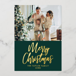 メリークリスマス写真グリーンモダンゴールドフォイル 箔シーズンカード