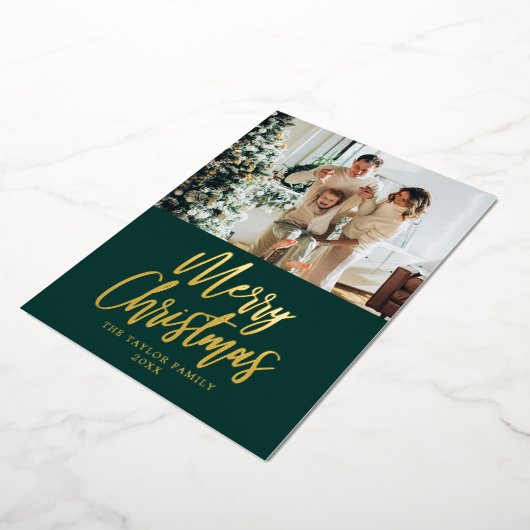 メリークリスマス写真グリーンモダンゴールドフォイル 箔シーズンカード (回転した状態)