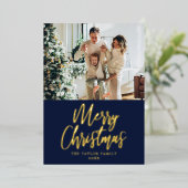 メリークリスマス写真ネイビーモダンブルーゴールドフォイル 箔シーズンカード (立ち正面)