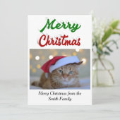 メリークリスマス写真赤い緑のスクリプト シーズンカード (スタンド正面)
