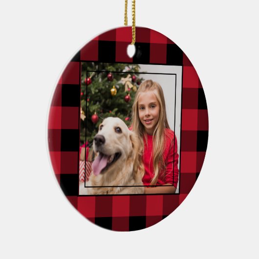 メリークリスマス写真赤と黒バッファロープレイド セラミックオーナメント (右)