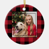 メリークリスマス写真赤と黒バッファロープレイド セラミックオーナメント (正面)