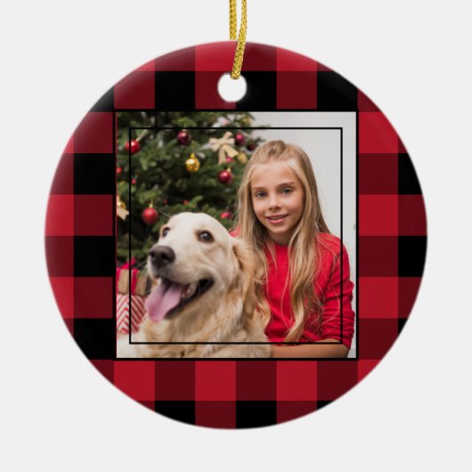 メリークリスマス写真赤と黒バッファロープレイド セラミックオーナメント (正面)