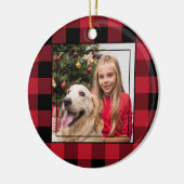 メリークリスマス写真赤と黒バッファロープレイド セラミックオーナメント (左)