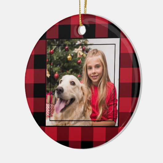 メリークリスマス写真赤と黒バッファロープレイド セラミックオーナメント (左)