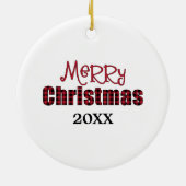 メリークリスマス写真赤と黒バッファロープレイド セラミックオーナメント (裏面)