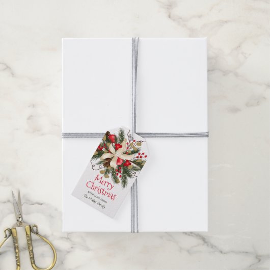 メリークリスマス冬のフローラブーケの水色 ギフトタグ (より糸付き)