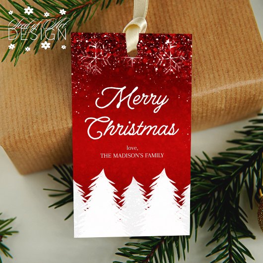 メリークリスマス冬の木と雪片レッド ギフトタグ