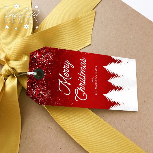 メリークリスマス冬の木と雪片レッド ギフトタグ