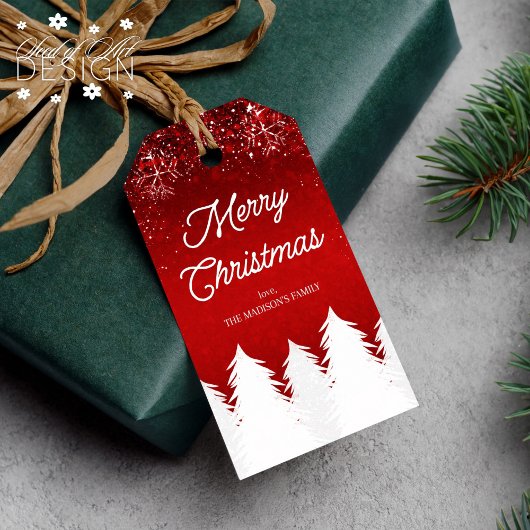 メリークリスマス冬の木と雪片レッド ギフトタグ