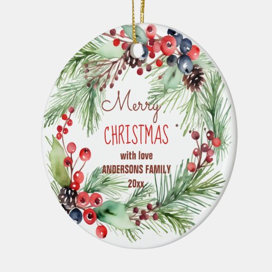 メリークリスマス冬の果実の松のリース写真 セラミックオーナメント (左)