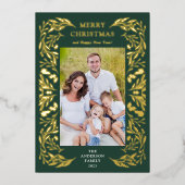 メリークリスマス冬の緑の写真金ゴールド 箔シーズンカード (正面)