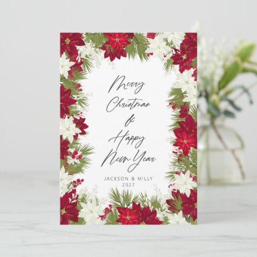 メリークリスマス冬の赤いはっきりしたポインセチア写真 カード (スタンド正面)