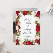 メリークリスマス冬の赤いはっきりしたポインセチア写真 カード (正面/裏面インサイチュ)