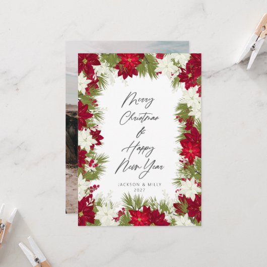 メリークリスマス冬の赤いはっきりしたポインセチア写真 カード (正面/裏面インサイチュ)