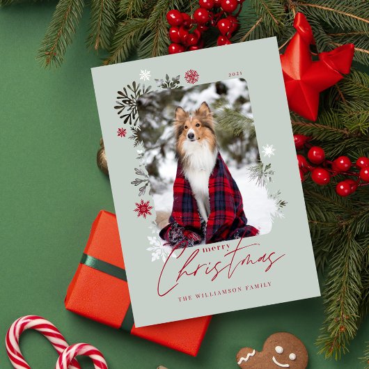 メリークリスマス冬の雪片ファミリー写真 シーズンカード