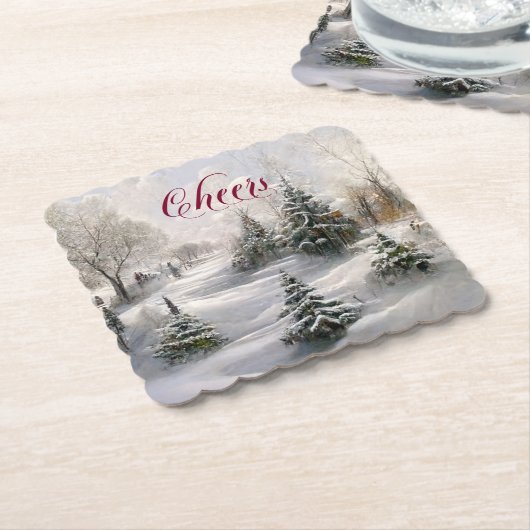 メリークリスマス冬の風景松林 ペーパーコースター (アングル)