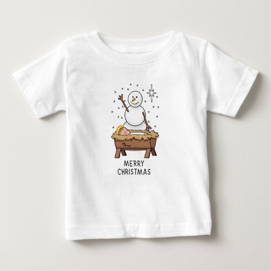 メリークリスマス出生ベビーイエス雪だるま ベビーTシャツ (正面)