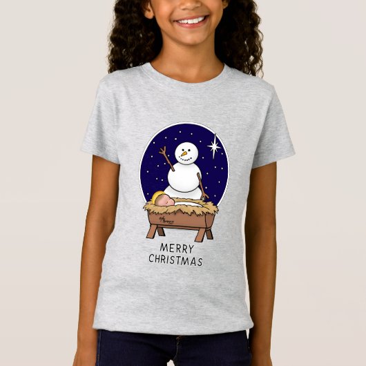 メリークリスマス出生ベビーイエス雪だるま Tシャツ (正面)