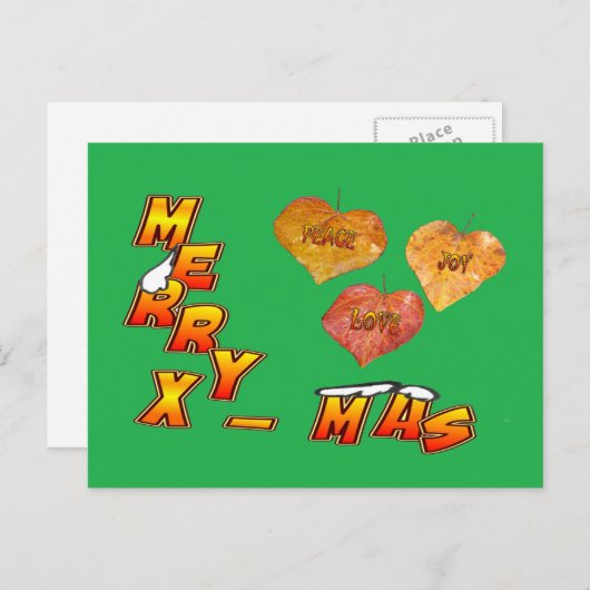 メリークリスマス及び3つのハート形の葉の緑の郵便はがき シーズンポストカード (正面/裏面)