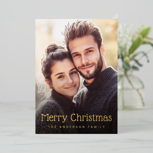 メリークリスマス可愛い点々のあるストライプ赤い写真 箔シーズンカード (立ち正面)