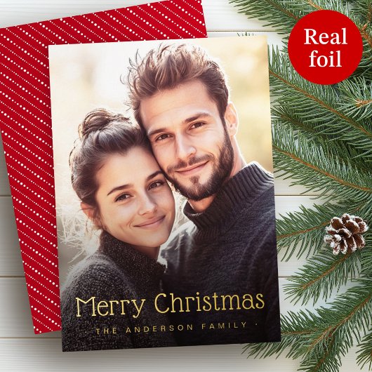 メリークリスマス可愛い点々のあるストライプ赤い写真 箔シーズンカード